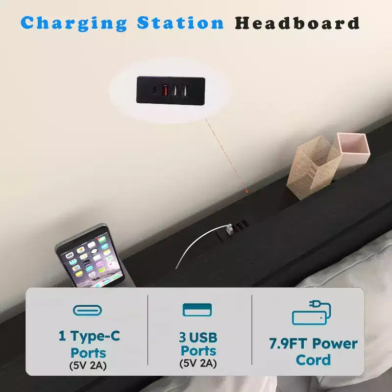 GDFStudio Ulric Modern Wooden Floating Bed Frame with Led Lights and Charging Station