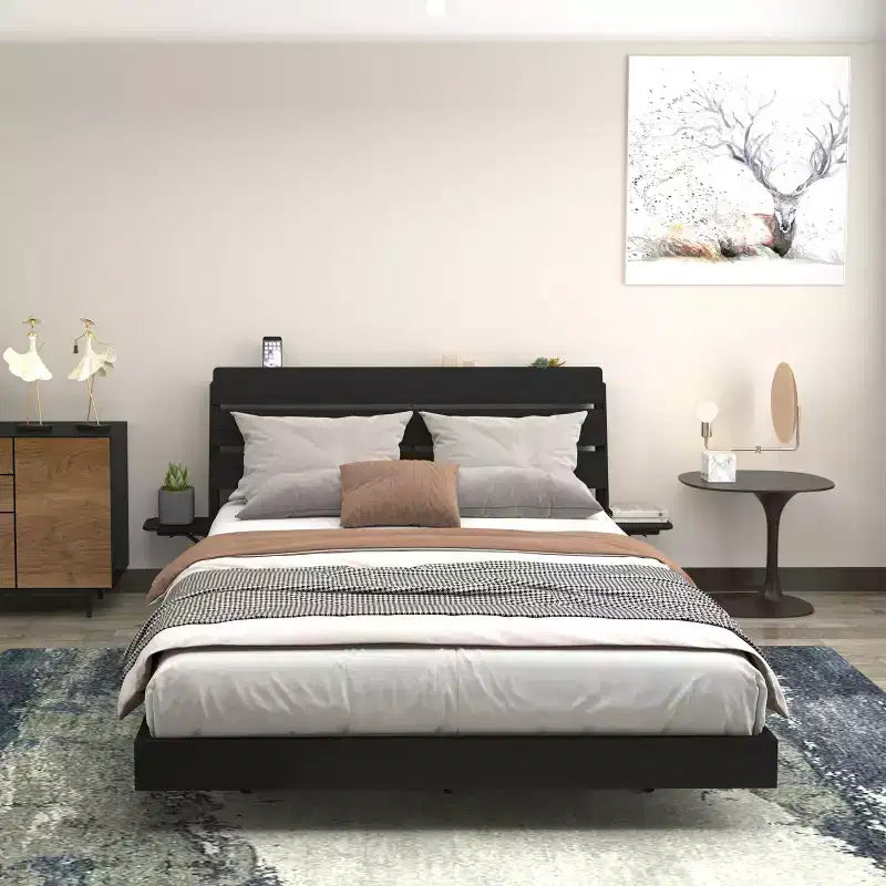 GDFStudio Ulric Modern Wooden Floating Bed Frame with Led Lights and Charging Station