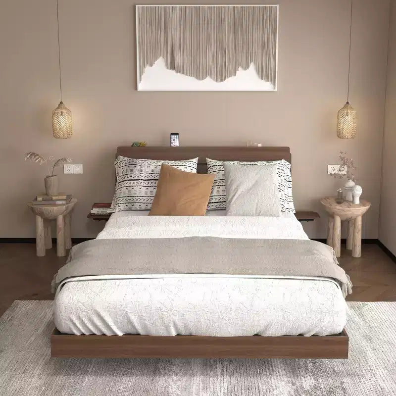 GDFStudio Ulric Modern Wooden Floating Bed Frame with Led Lights and Charging Station