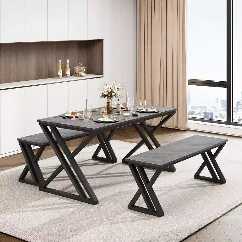 Dining Table Set for 4 with 2 Benches, Rectangular Kitchen Table, Sturdy Metal Frame, Space-Saving for Dining Room, Kitchen, Apartment