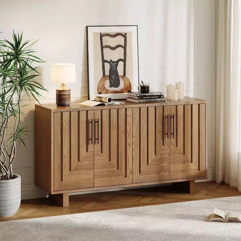 Okak Mid Century Wooden Buffet Sideboard Storage Cabinet with Metal Handles,Ash Veneer Pantry Cabinets for Dining Room,Kitchen