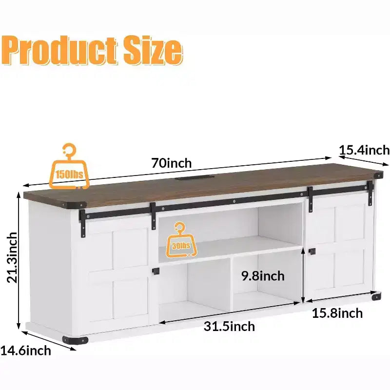 Farmhouse TV Stand for 75/80 TVs, 70 Cabinet with Storage, Sliding Barn Door, Power Outlet, Entertainment Console for Living Room