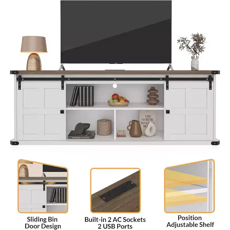 Farmhouse TV Stand for 75/80 TVs, 70 Cabinet with Storage, Sliding Barn Door, Power Outlet, Entertainment Console for Living Room