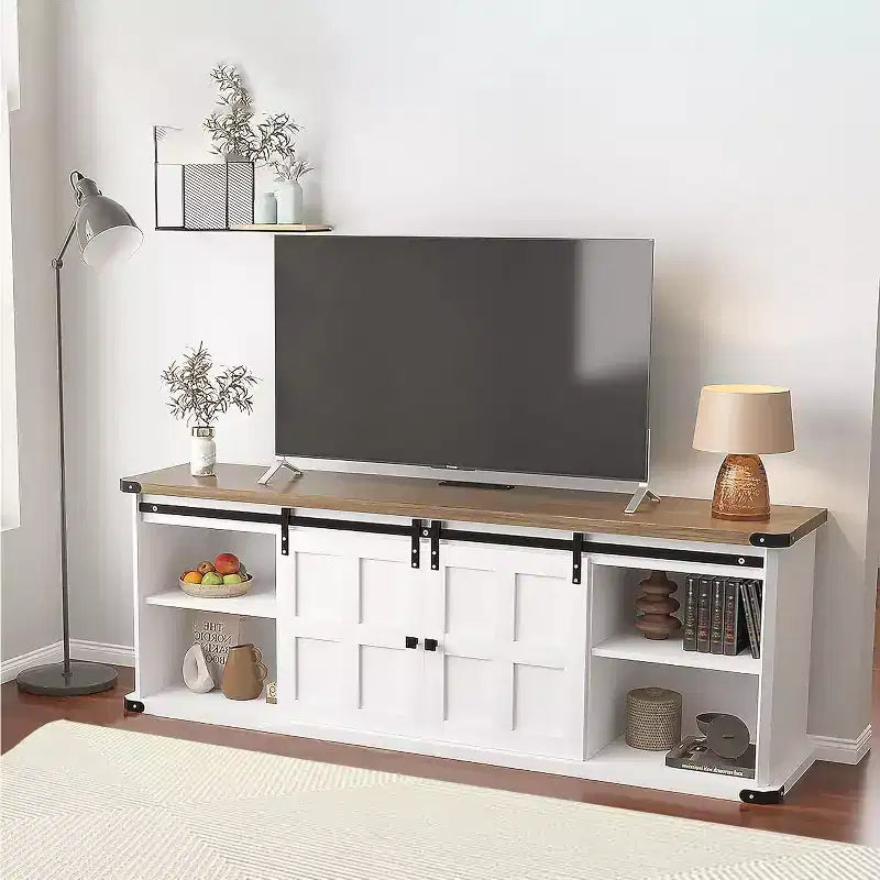 Farmhouse TV Stand for 75/80 TVs, 70 Cabinet with Storage, Sliding Barn Door, Power Outlet, Entertainment Console for Living Room