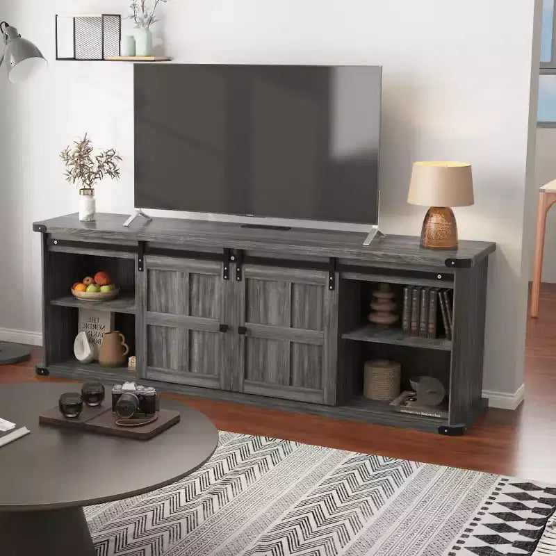 Farmhouse TV Stand for 75/80 TVs, 70 Cabinet with Storage, Sliding Barn Door, Power Outlet, Entertainment Console for Living Room