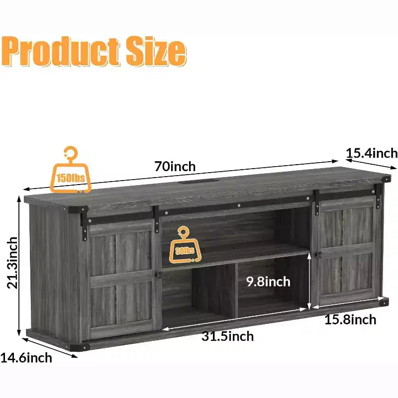 Farmhouse TV Stand for 75/80 TVs, 70 Cabinet with Storage, Sliding Barn Door, Power Outlet, Entertainment Console for Living Room