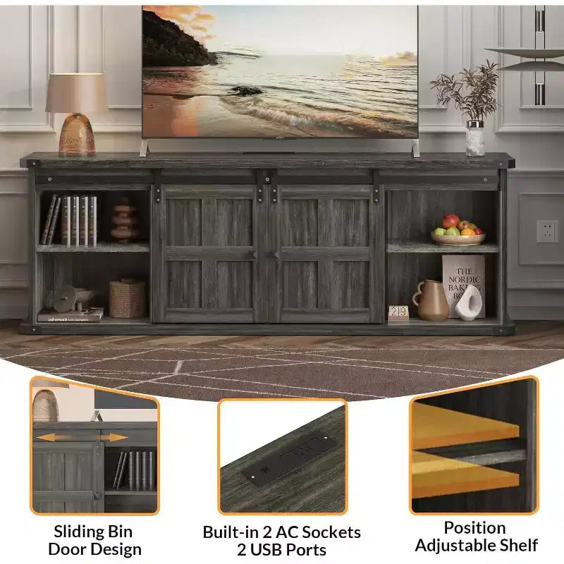 Farmhouse TV Stand for 75/80 TVs, 70 Cabinet with Storage, Sliding Barn Door, Power Outlet, Entertainment Console for Living Room