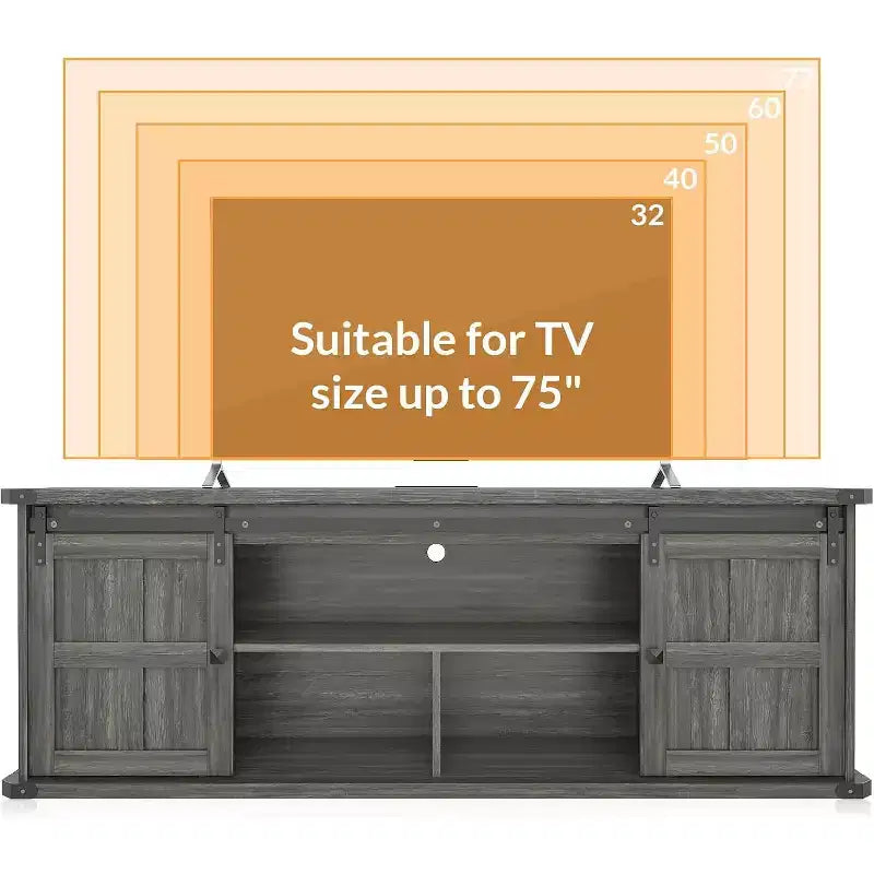 Farmhouse TV Stand for 75/80 TVs, 70 Cabinet with Storage, Sliding Barn Door, Power Outlet, Entertainment Console for Living Room
