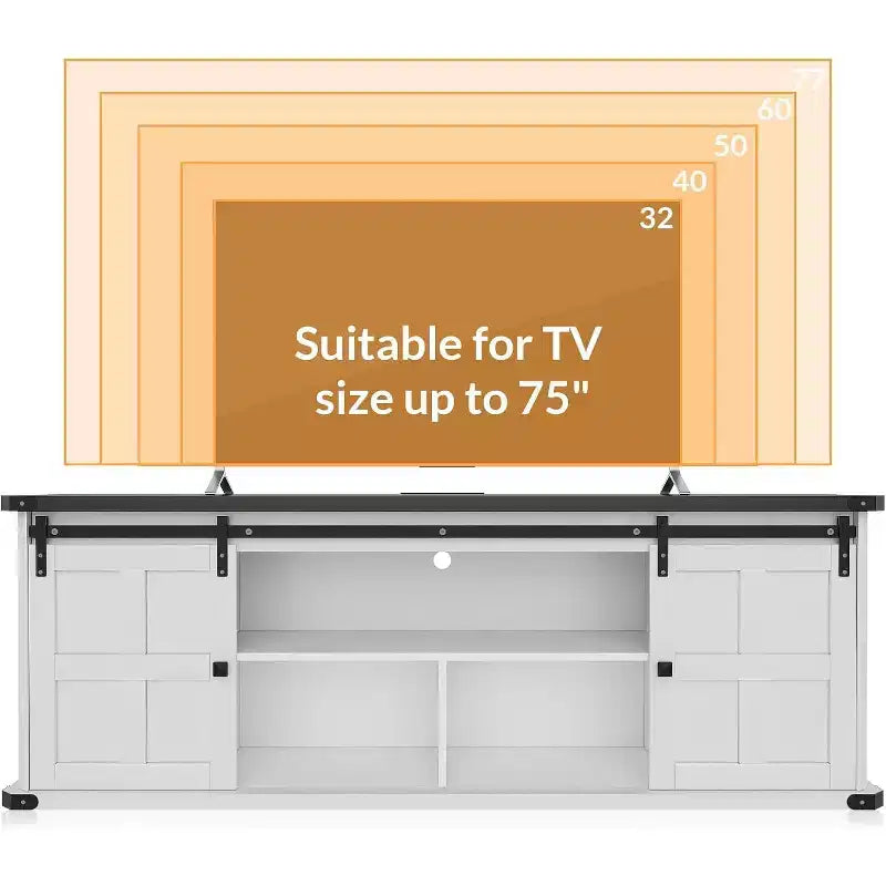 Farmhouse TV Stand for 75/80 TVs, 70 Cabinet with Storage, Sliding Barn Door, Power Outlet, Entertainment Console for Living Room
