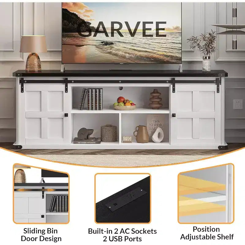 Farmhouse TV Stand for 75/80 TVs, 70 Cabinet with Storage, Sliding Barn Door, Power Outlet, Entertainment Console for Living Room