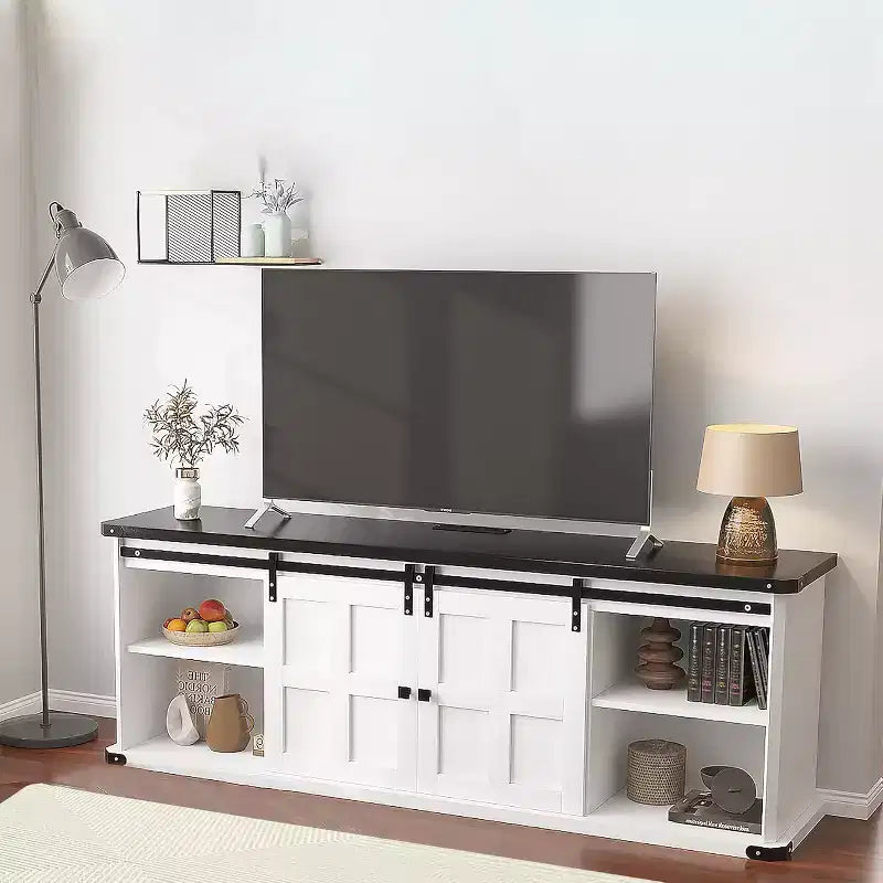 Farmhouse TV Stand for 75/80 TVs, 70 Cabinet with Storage, Sliding Barn Door, Power Outlet, Entertainment Console for Living Room