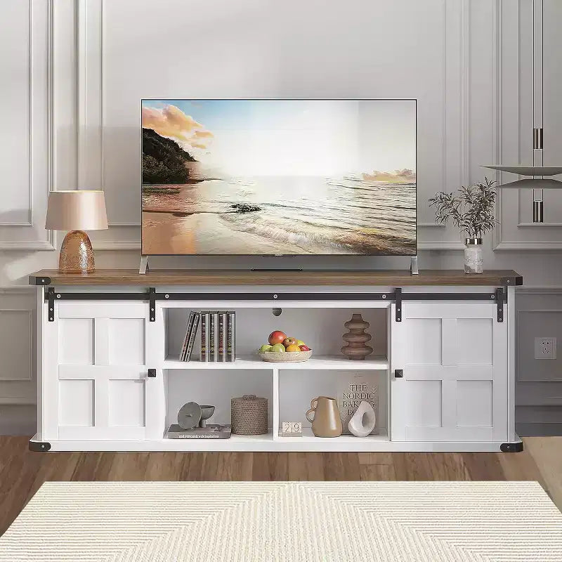 Farmhouse TV Stand for 75/80 TVs, 70 Cabinet with Storage, Sliding Barn Door, Power Outlet, Entertainment Console for Living Room