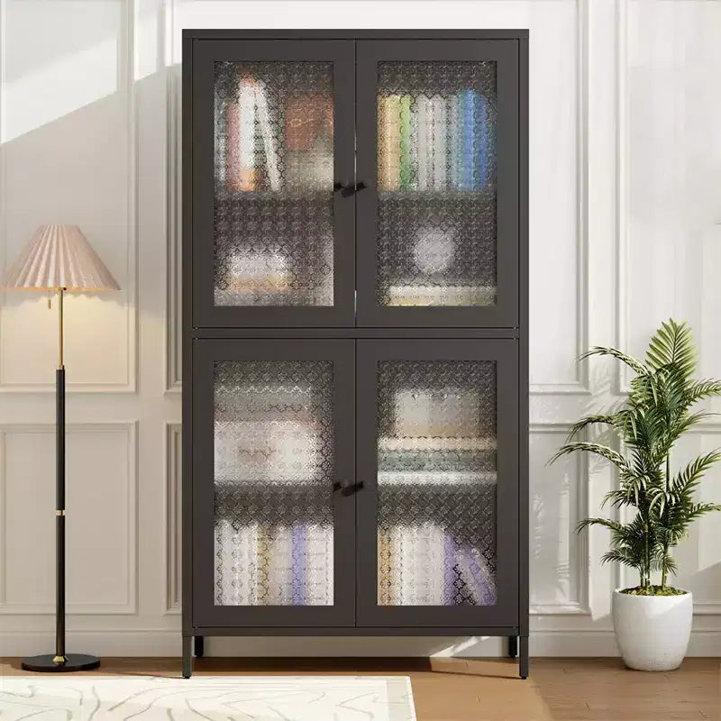 Metal Storage Cabinet, 59 Tall Display Cabinet with 4 Glass Door, Kitchen Pantry Cabinet, Glass Storage Cabinet for Home Office