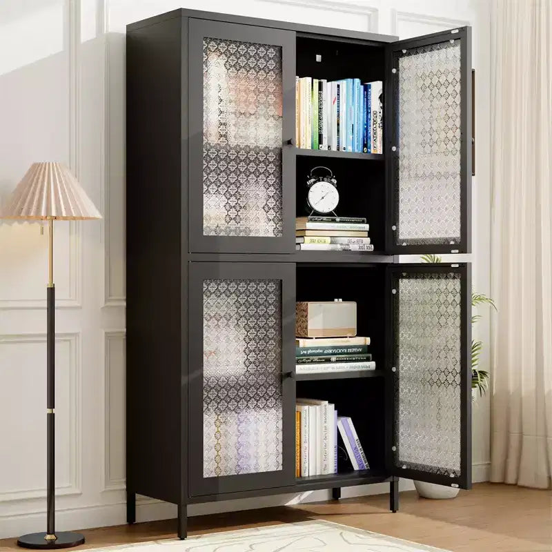 Metal Storage Cabinet, 59 Tall Display Cabinet with 4 Glass Door, Kitchen Pantry Cabinet, Glass Storage Cabinet for Home Office
