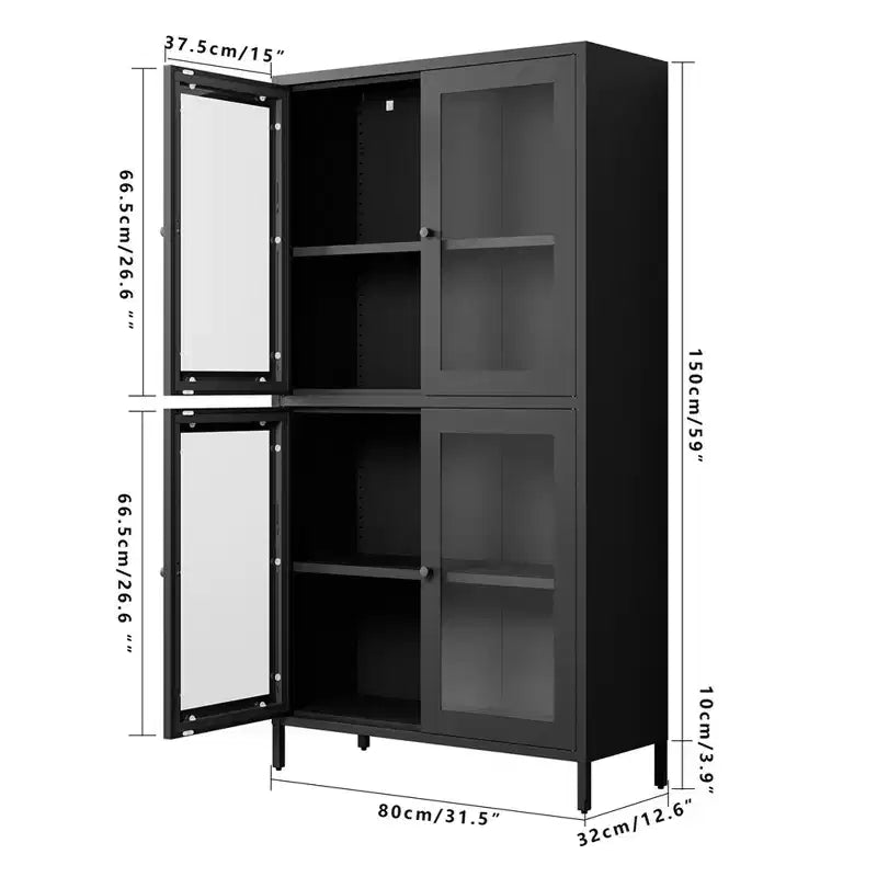 Metal Storage Cabinet, 59 Tall Display Cabinet with 4 Glass Door, Kitchen Pantry Cabinet, Glass Storage Cabinet for Home Office