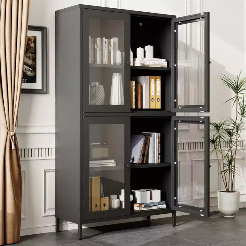 Metal Storage Cabinet, 59 Tall Display Cabinet with 4 Glass Door, Kitchen Pantry Cabinet, Glass Storage Cabinet for Home Office