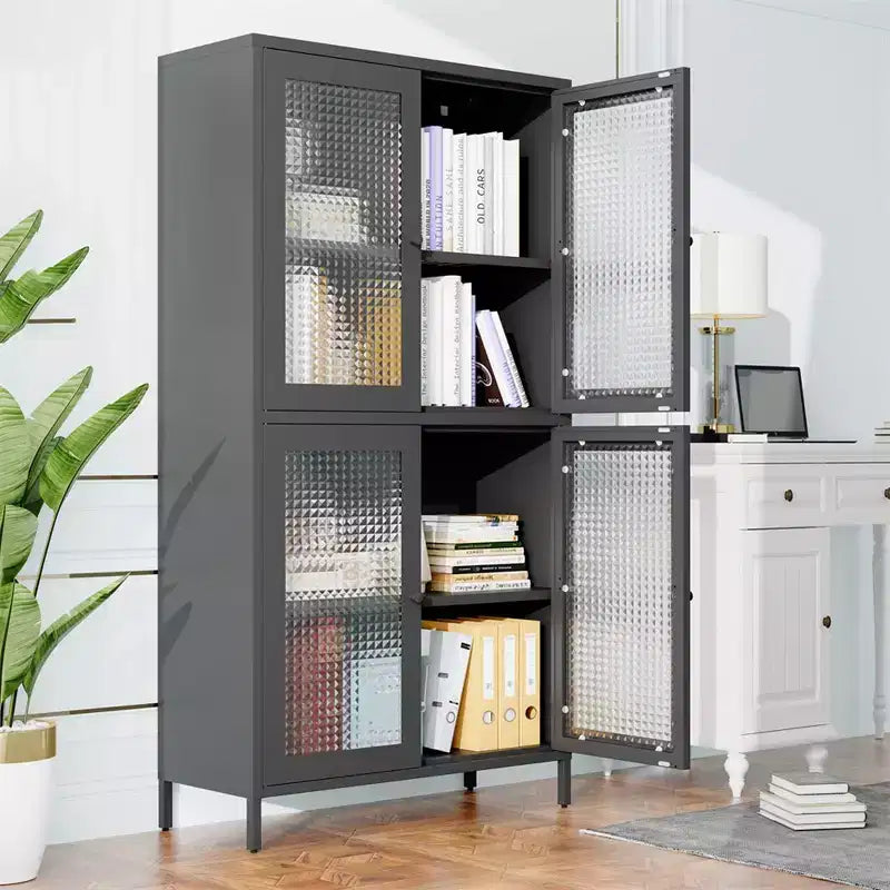 Metal Storage Cabinet, 59 Tall Display Cabinet with 4 Glass Door, Kitchen Pantry Cabinet, Glass Storage Cabinet for Home Office