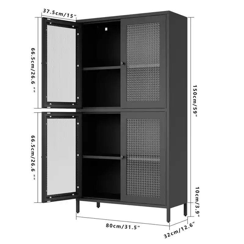 Metal Storage Cabinet, 59 Tall Display Cabinet with 4 Glass Door, Kitchen Pantry Cabinet, Glass Storage Cabinet for Home Office