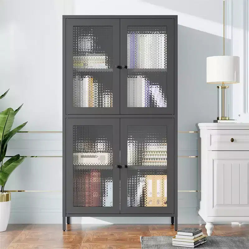 Metal Storage Cabinet, 59 Tall Display Cabinet with 4 Glass Door, Kitchen Pantry Cabinet, Glass Storage Cabinet for Home Office