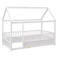 Pine Queen Size Canopy Platform Bed with Fence Rail - White Finish for Bedroom Decor
