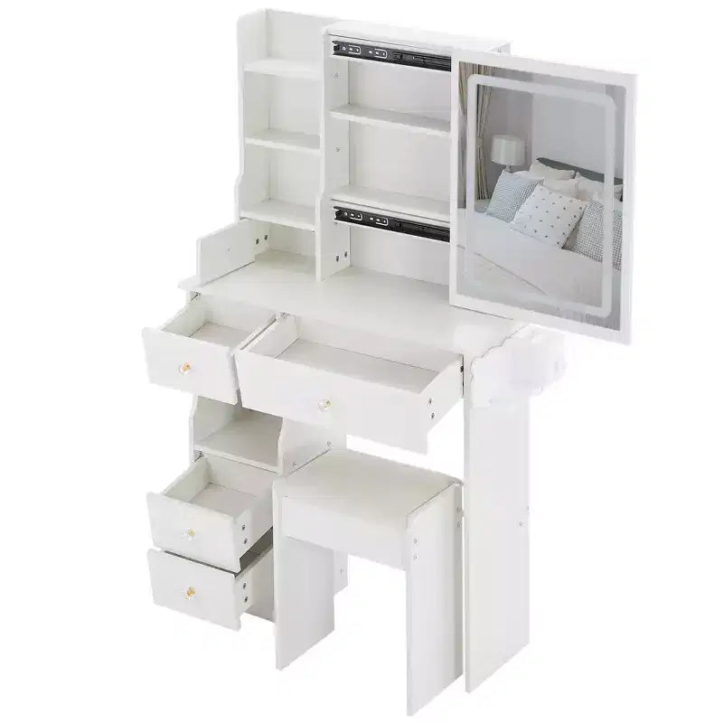 Makeup Vanity Desk with Mirror and Lights, Small Makeup Table Set with Drawers & Cabinet, Dressing Table with Stool & Power Outlet for Bedroom