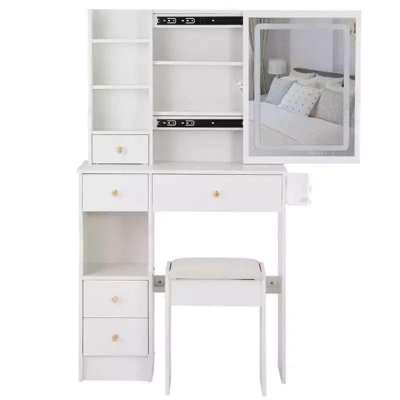 Makeup Vanity Desk with Mirror and Lights, Small Makeup Table Set with Drawers & Cabinet, Dressing Table with Stool & Power Outlet for Bedroom