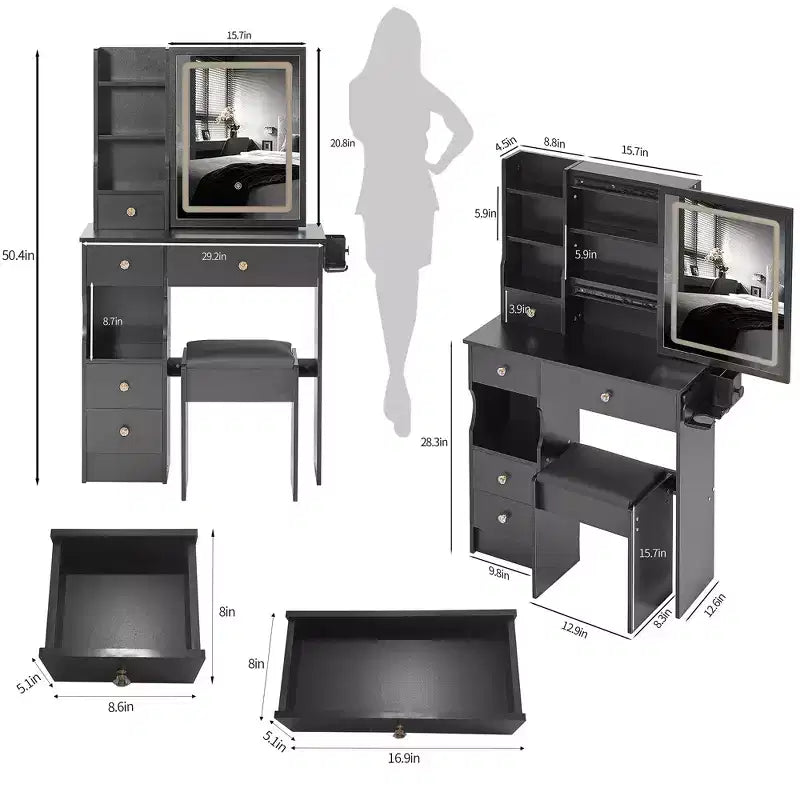Makeup Vanity Desk with Mirror and Lights, Small Makeup Table Set with Drawers & Cabinet, Dressing Table with Stool & Power Outlet for Bedroom