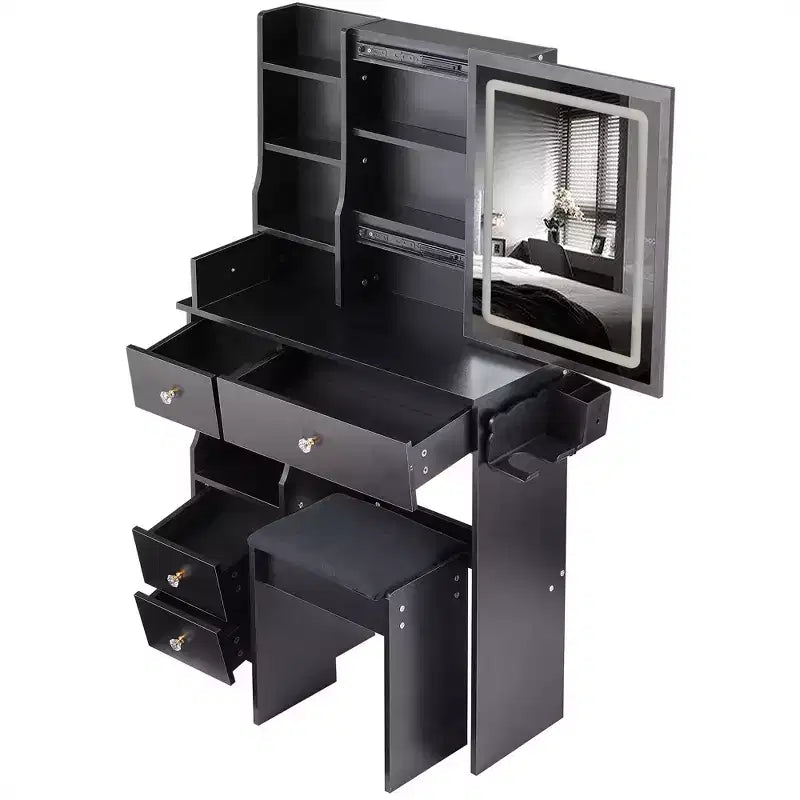 Makeup Vanity Desk with Mirror and Lights, Small Makeup Table Set with Drawers & Cabinet, Dressing Table with Stool & Power Outlet for Bedroom