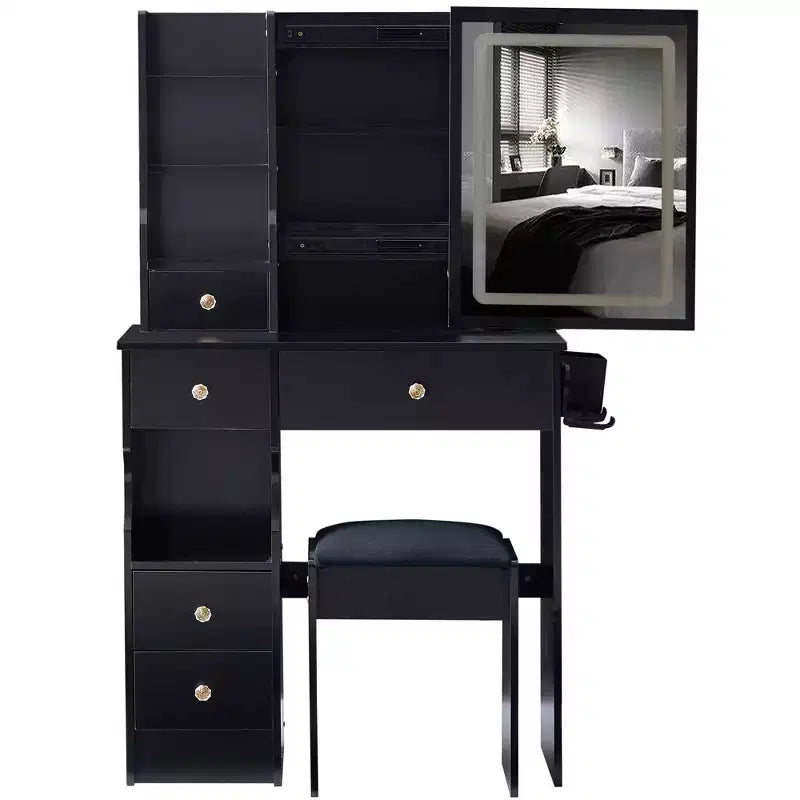 Makeup Vanity Desk with Mirror and Lights, Small Makeup Table Set with Drawers & Cabinet, Dressing Table with Stool & Power Outlet for Bedroom