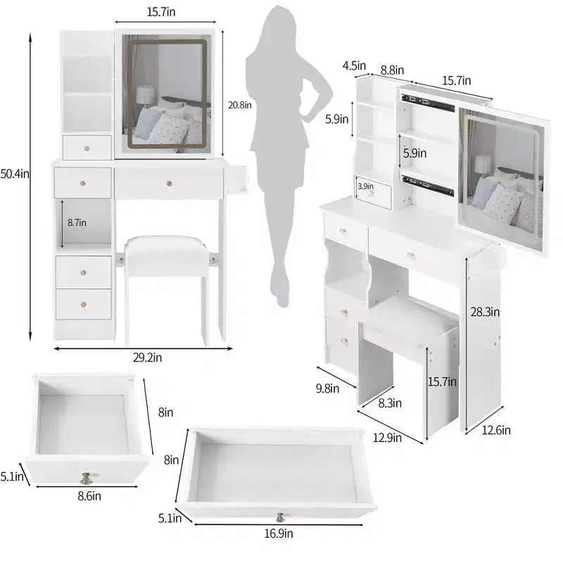 Makeup Vanity Desk with Mirror and Lights, Small Makeup Table Set with Drawers & Cabinet, Dressing Table with Stool & Power Outlet for Bedroom