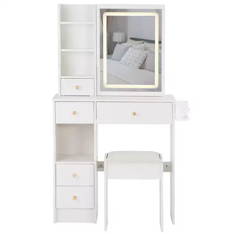 Makeup Vanity Desk with Mirror and Lights, Small Makeup Table Set with Drawers & Cabinet, Dressing Table with Stool & Power Outlet for Bedroom