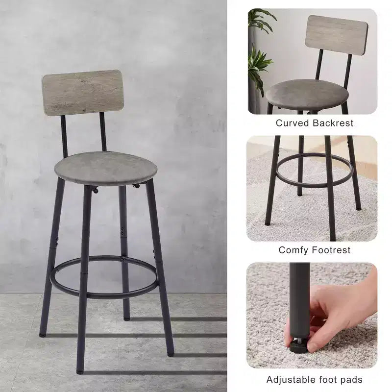 Bar Table Set with 2 Bar Stools, PU Soft Seats & Backrests, Particle Board, for Bar, Home, Office, or Living Room, Grey, One Size