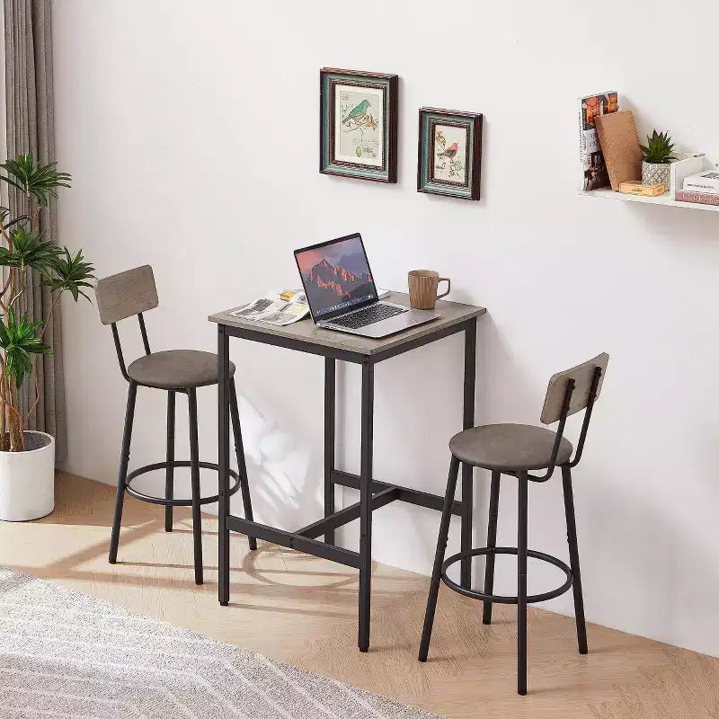 Bar Table Set with 2 Bar Stools, PU Soft Seats & Backrests, Particle Board, for Bar, Home, Office, or Living Room, Grey, One Size