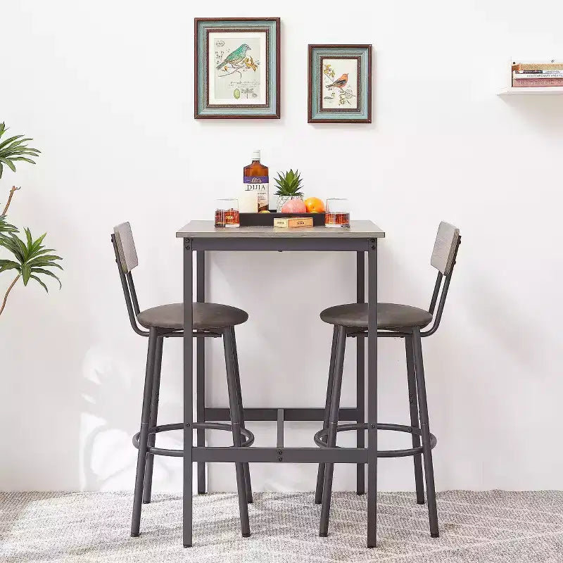 Bar Table Set with 2 Bar Stools, PU Soft Seats & Backrests, Particle Board, for Bar, Home, Office, or Living Room, Grey, One Size