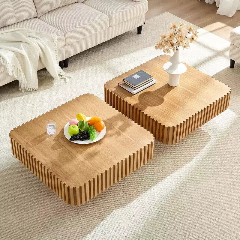 Modern Square Coffee Table Set of 2 Farmhouse Drum Coffee Table Wooden End Table Accent Cocktail Table Center Table - ModernLuxe