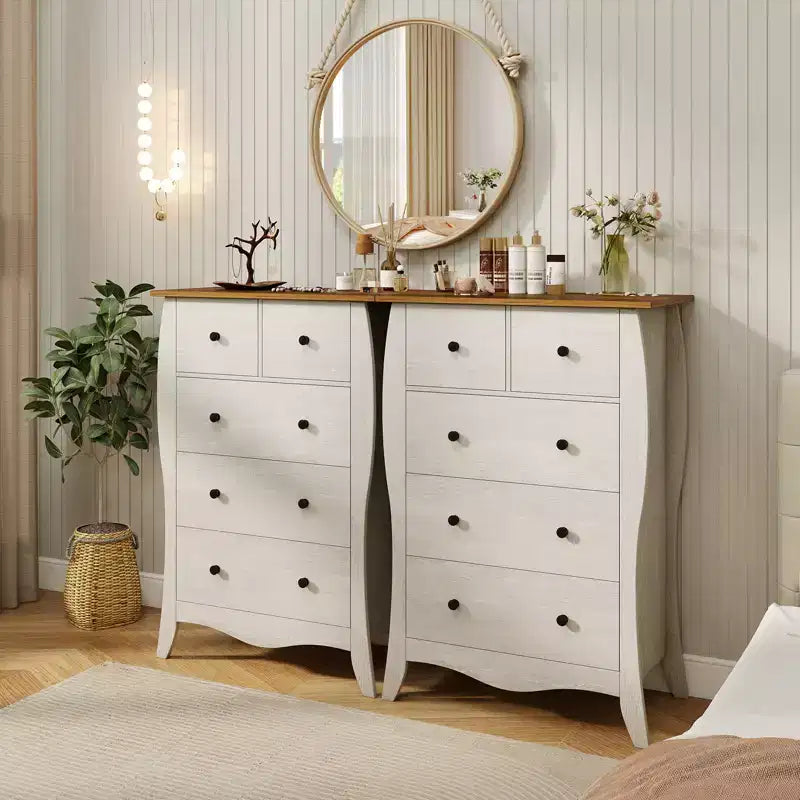 Costway 2PCS 38 Farmhouse Chest of Drawers w/ 5 Folding Fabric Drawers & Anti-tipping Kit