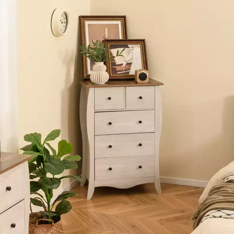 Costway 2PCS 38 Farmhouse Chest of Drawers w/ 5 Folding Fabric Drawers & Anti-tipping Kit