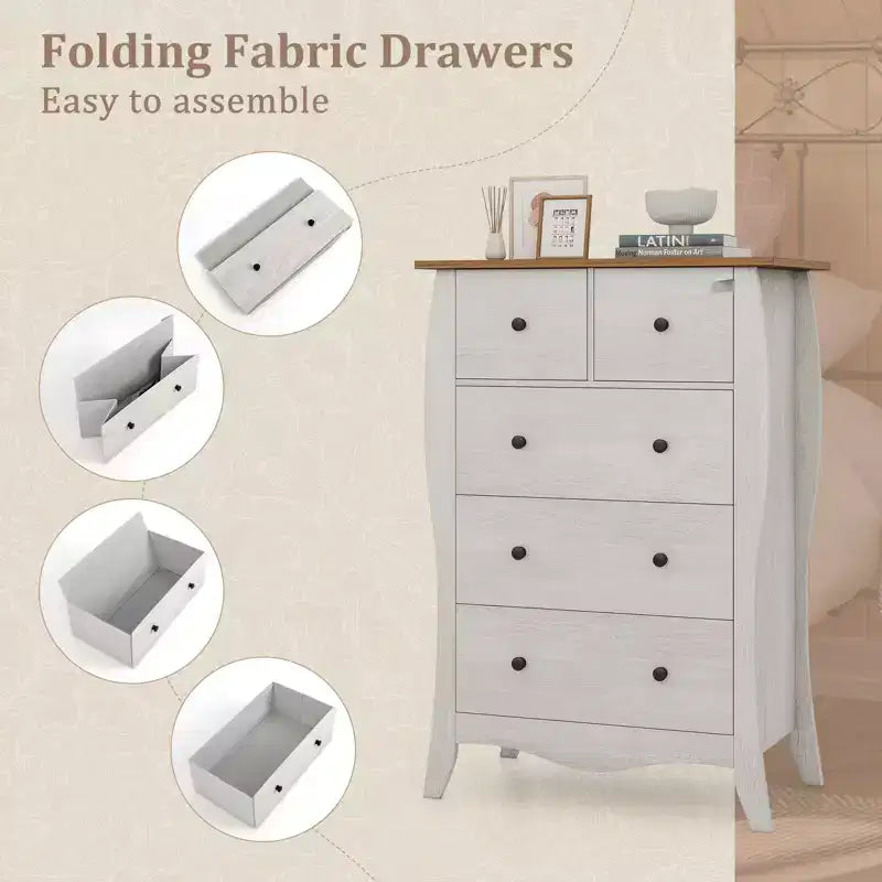 Costway 2PCS 38 Farmhouse Chest of Drawers w/ 5 Folding Fabric Drawers & Anti-tipping Kit