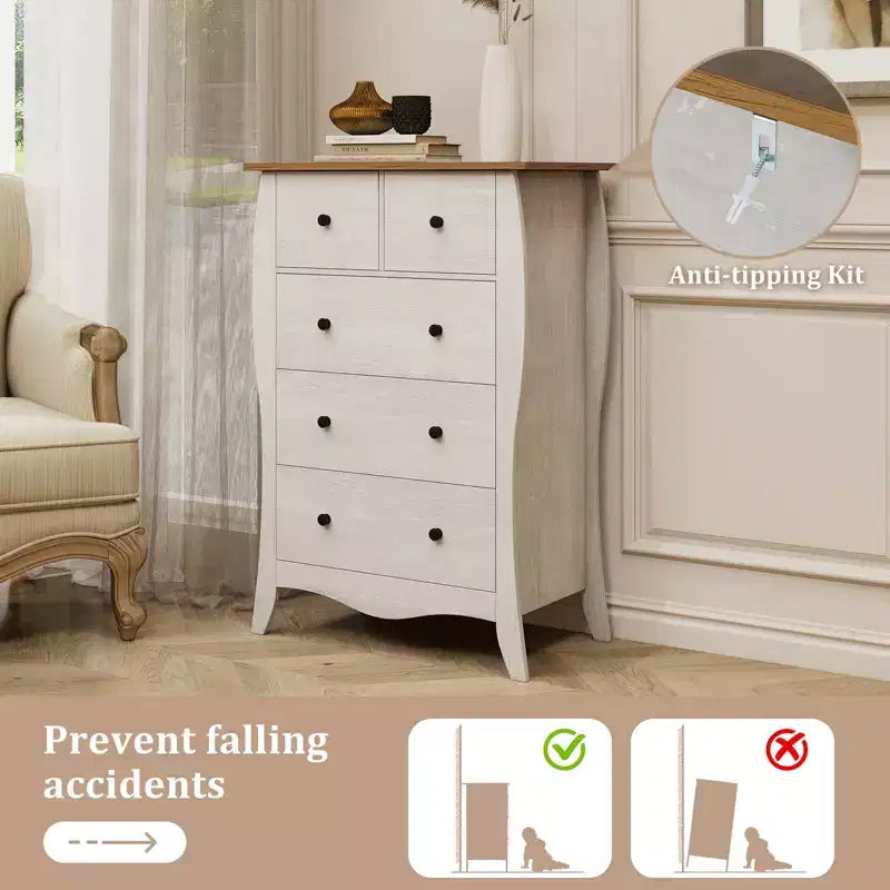 Costway 2PCS 38 Farmhouse Chest of Drawers w/ 5 Folding Fabric Drawers & Anti-tipping Kit