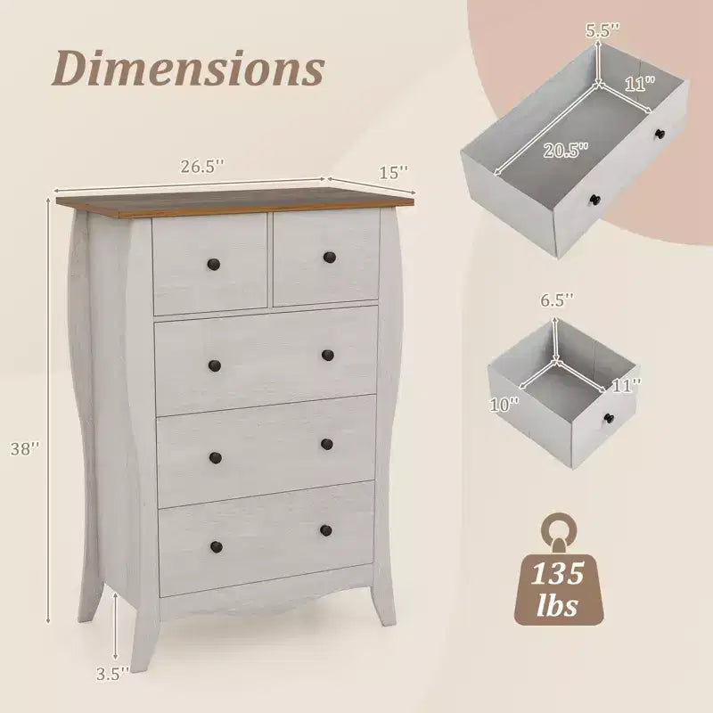 Costway 2PCS 38 Farmhouse Chest of Drawers w/ 5 Folding Fabric Drawers & Anti-tipping Kit