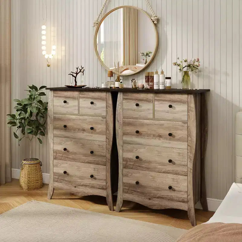 Costway 2PCS 38 Farmhouse Chest of Drawers w/ 5 Folding Fabric Drawers & Anti-tipping Kit