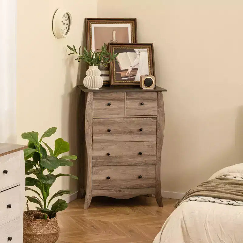 Costway 2PCS 38 Farmhouse Chest of Drawers w/ 5 Folding Fabric Drawers & Anti-tipping Kit