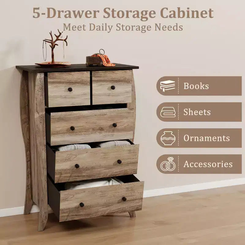 Costway 2PCS 38 Farmhouse Chest of Drawers w/ 5 Folding Fabric Drawers & Anti-tipping Kit