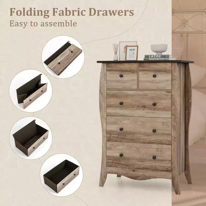 Costway 2PCS 38 Farmhouse Chest of Drawers w/ 5 Folding Fabric Drawers & Anti-tipping Kit