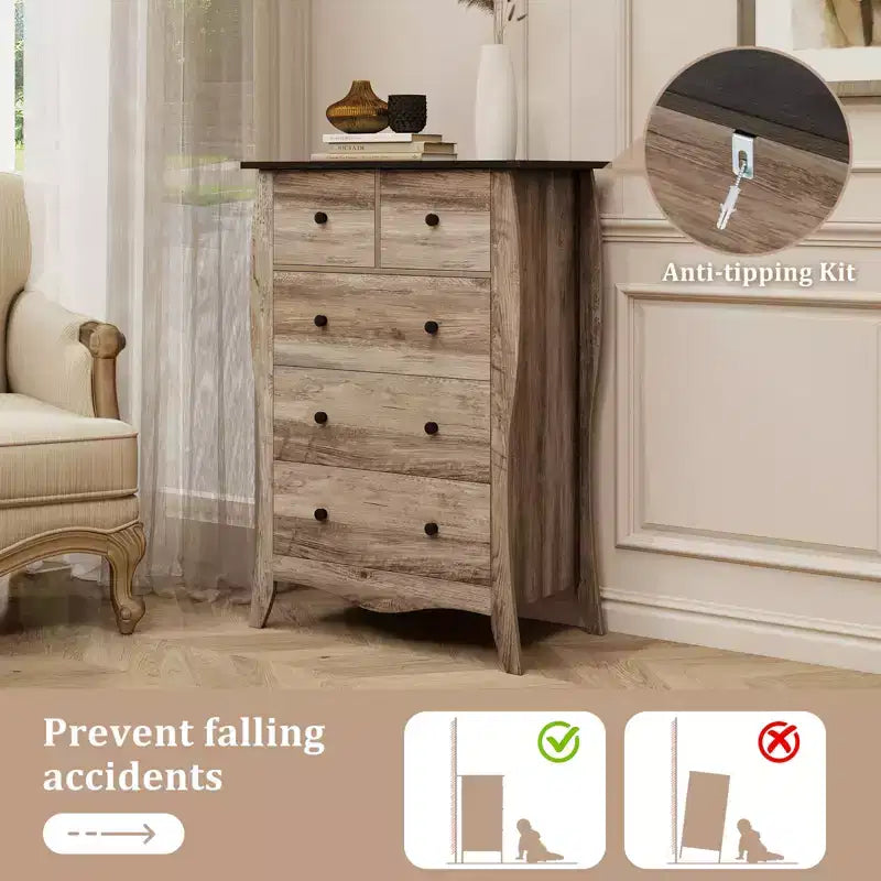 Costway 2PCS 38 Farmhouse Chest of Drawers w/ 5 Folding Fabric Drawers & Anti-tipping Kit