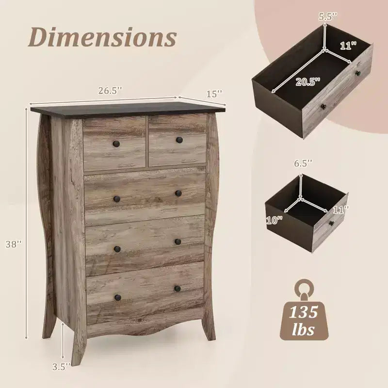 Costway 2PCS 38 Farmhouse Chest of Drawers w/ 5 Folding Fabric Drawers & Anti-tipping Kit