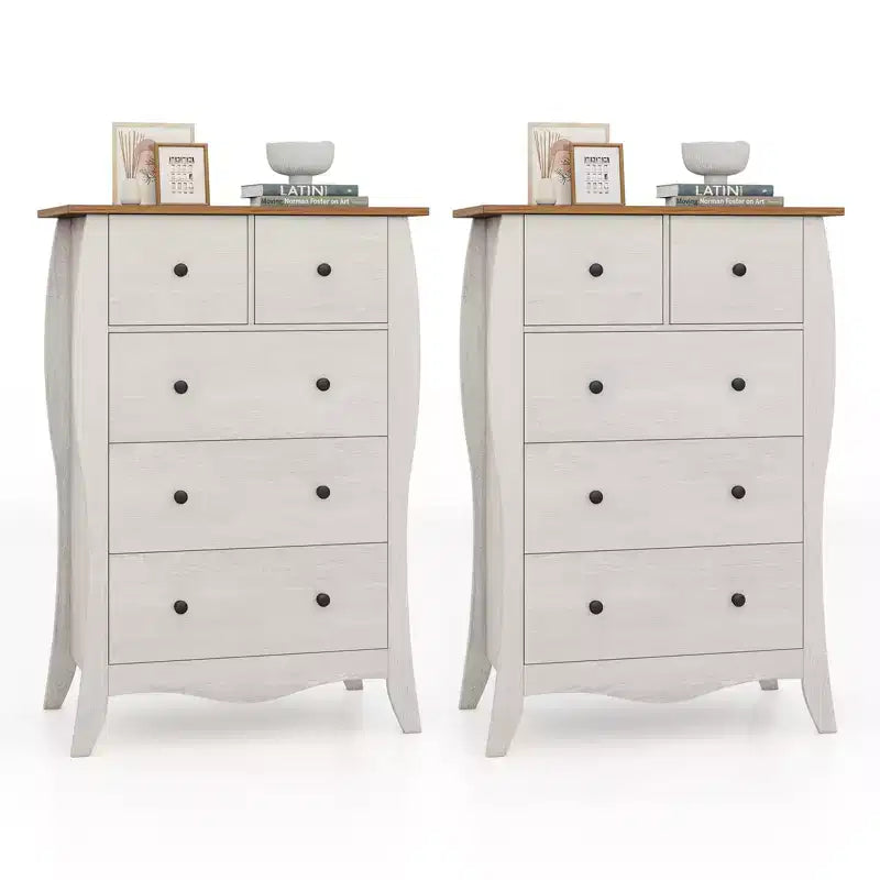 Costway 2PCS 38 Farmhouse Chest of Drawers w/ 5 Folding Fabric Drawers & Anti-tipping Kit