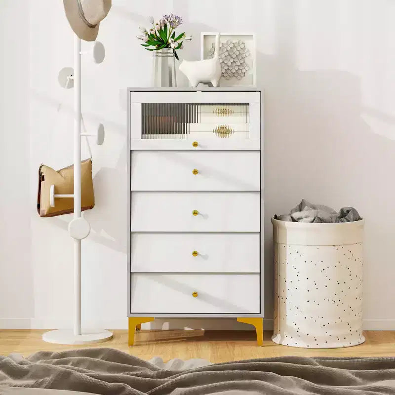 Costway 4 Drawer Dresser 44.5 Tall Dresser Chest of Drawers w/Flip-up Fluted Glass Door