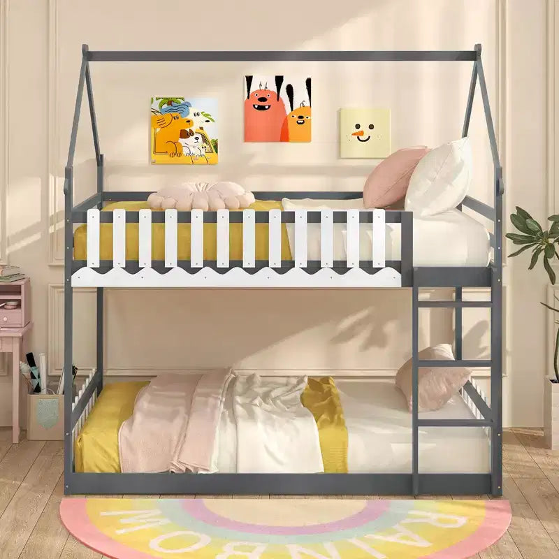 Costway Twin Over Twin Bunk Bed w/ Fence & Ladder Solid Wood Floor Bunk Bed for Kids Gray