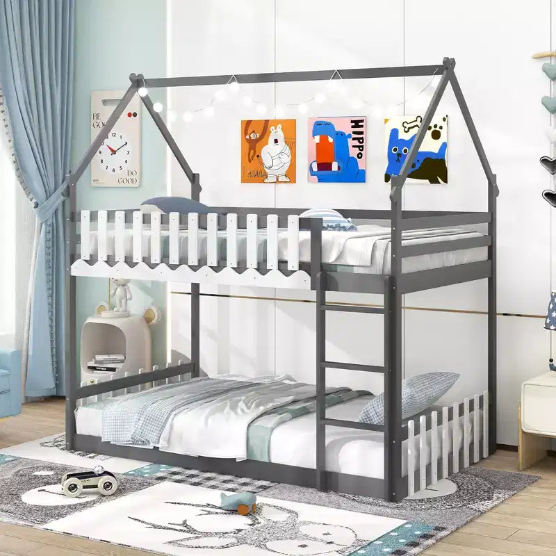 Costway Twin Over Twin Bunk Bed w/ Fence & Ladder Solid Wood Floor Bunk Bed for Kids Gray